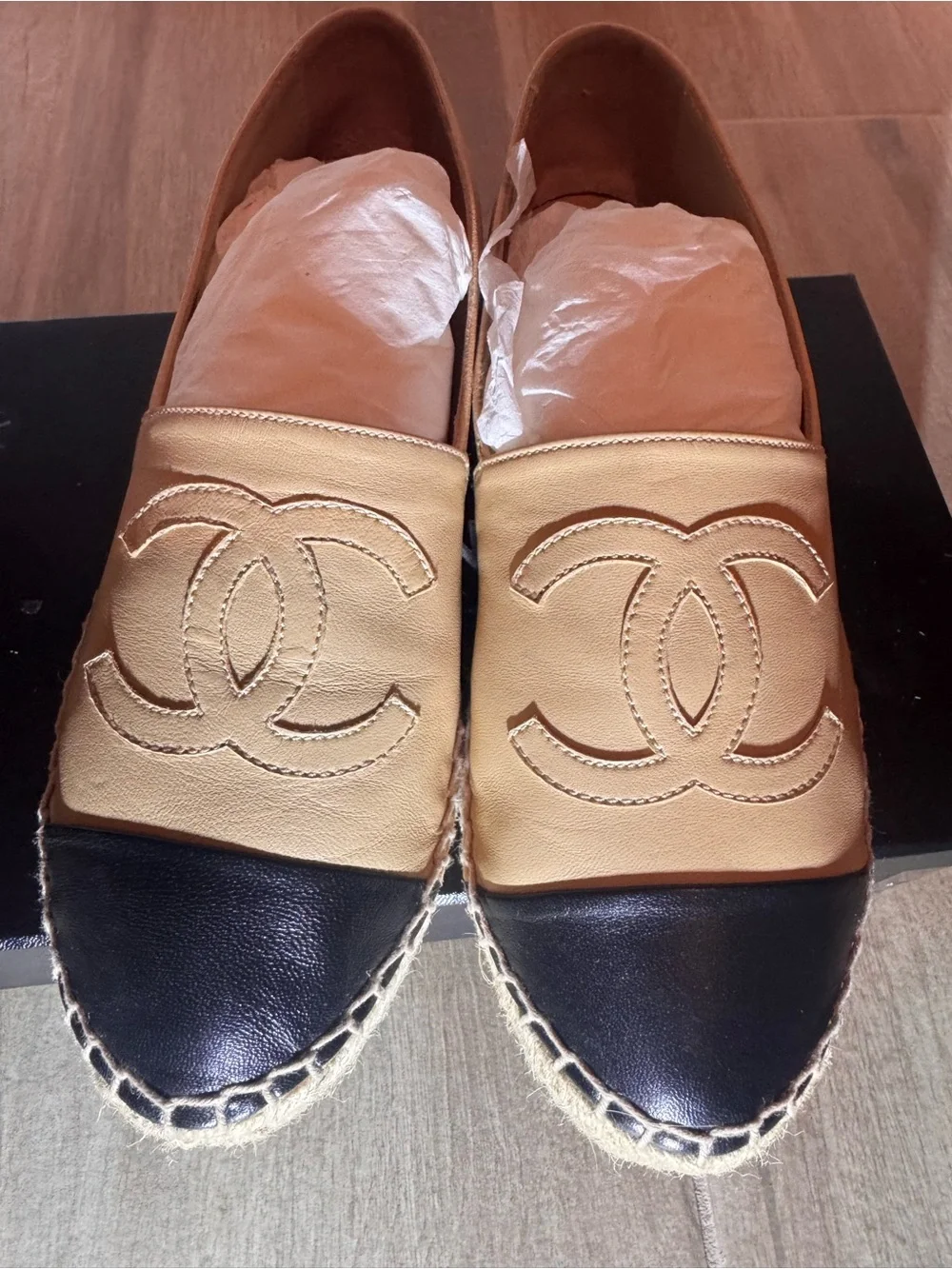 CHANEL Beige and Black Leather Espadrille Loafers